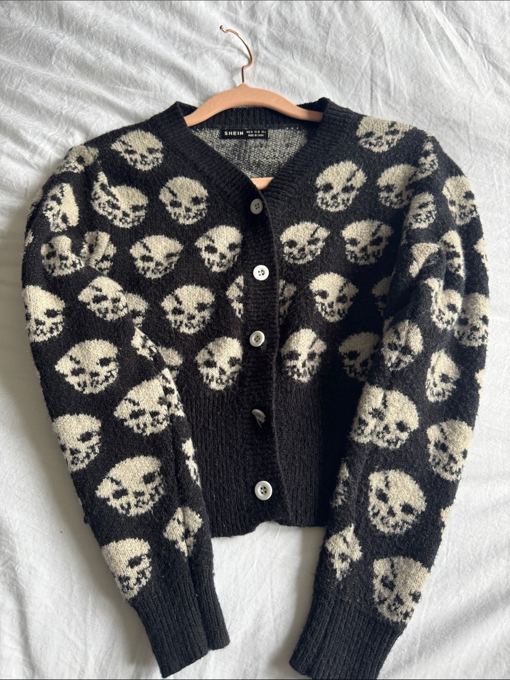 SHEIN Black & Cream Skull Print Button-Up Knit Cardigan